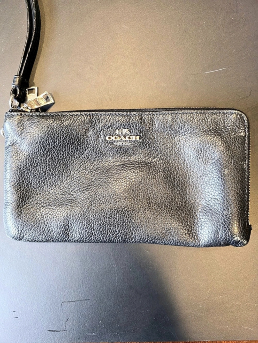 Coach Double Corner Zip Wristlet Black Leather Clutch